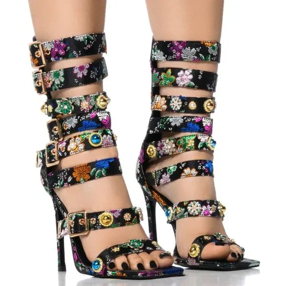 Floral Multi-Color Strappy Heels - Picture 3 of 14